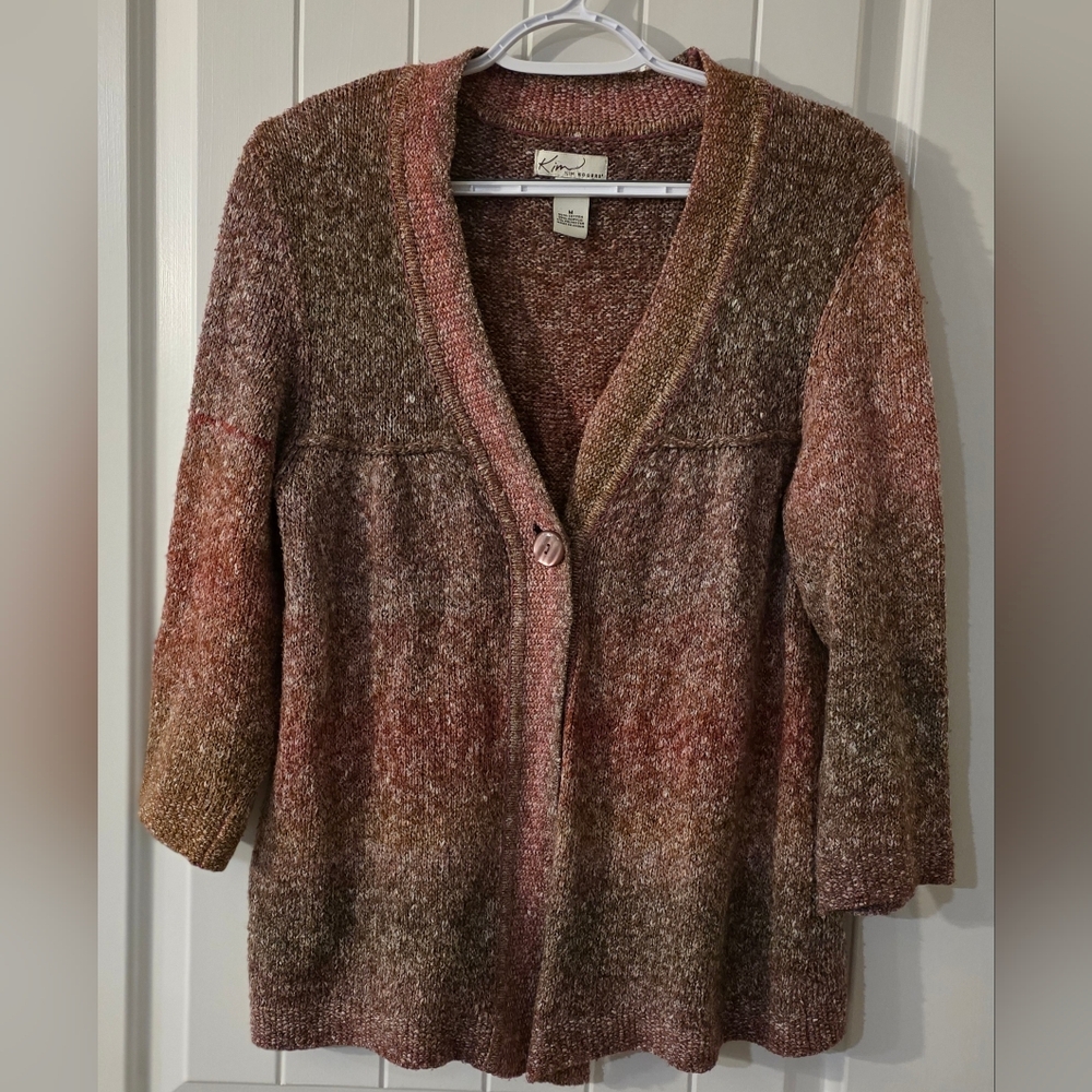 Kim Rogers One Button Front 3/4 Sleeve Cardian Beautiful Mixed Earthtone Colors